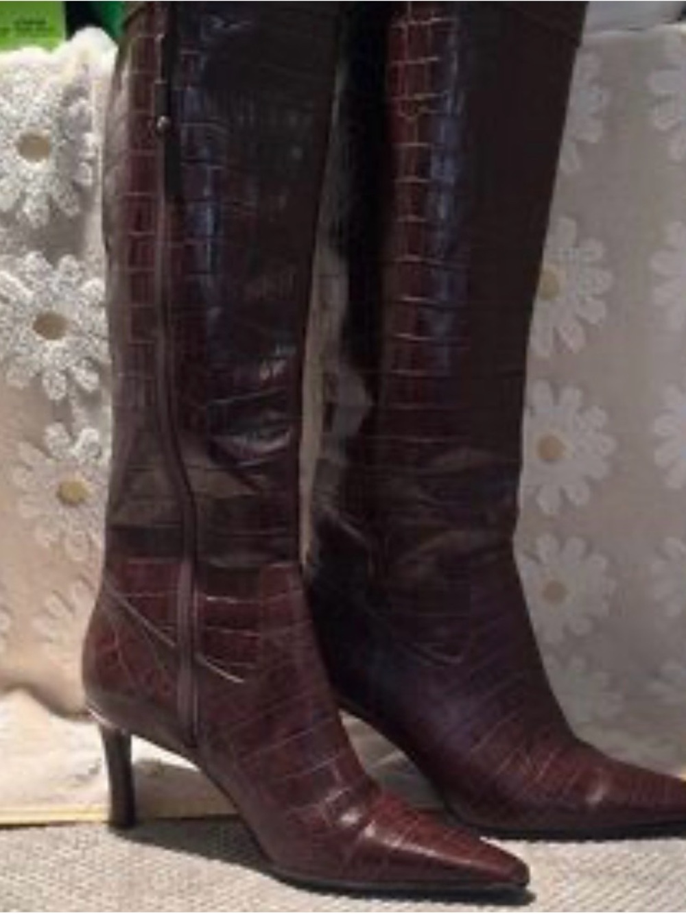 Ralph Lauren Croc-Embossed Pointed-Toe Knee Boots in Dark Brown